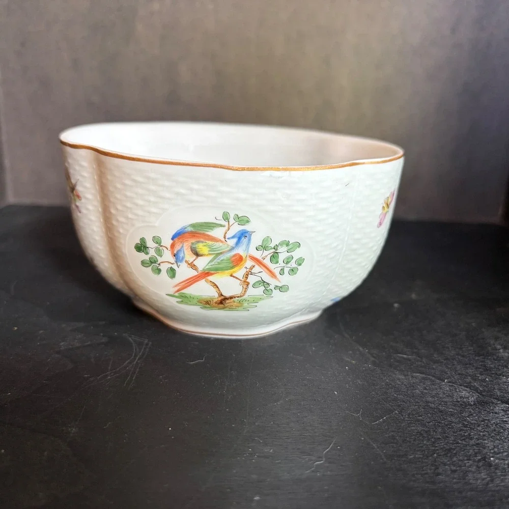 Schumann Dresden Porcelain Bird & Butterfly Basketweave Bowl A5742 31 Gold Rim